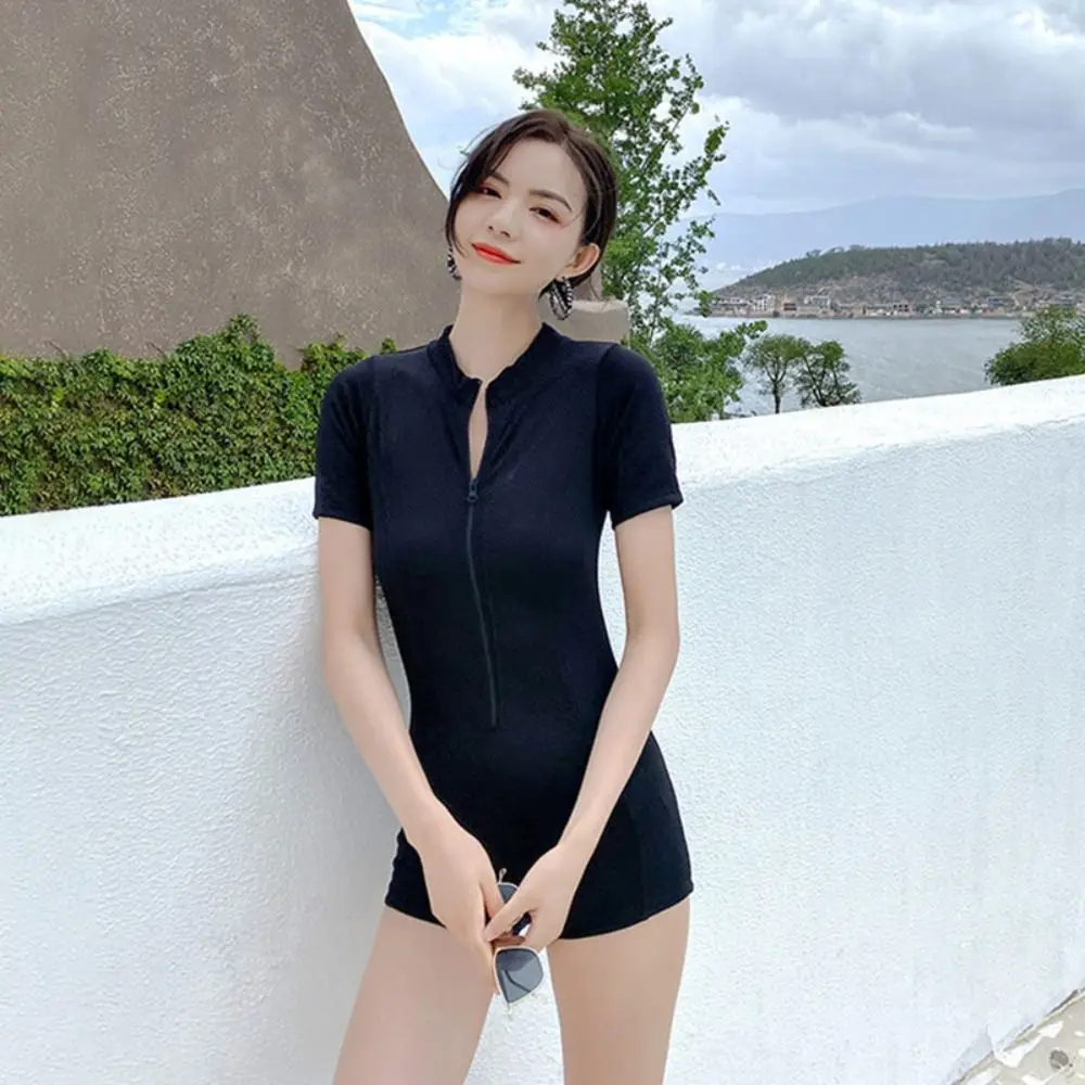 

Bodysuit Short Sleeve Swimming Suit Half High Collar Solid Bathing Suit Blue High Neck Dive Suit Summer