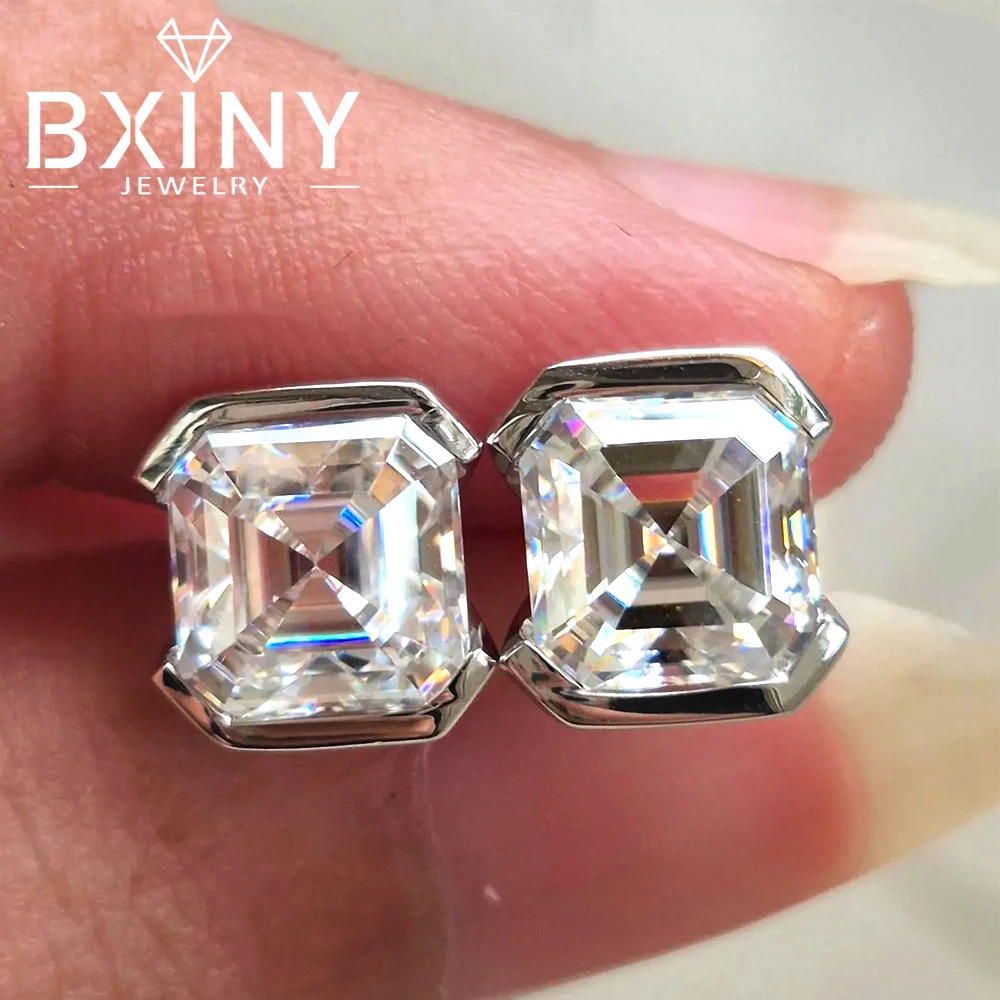 BXINY Half Bezel Set Asscher Cut Moissanite Stud Earrings 100% S925 Silver 6mm Diamond Ear Studs For Women Fine Jewelry With GRA