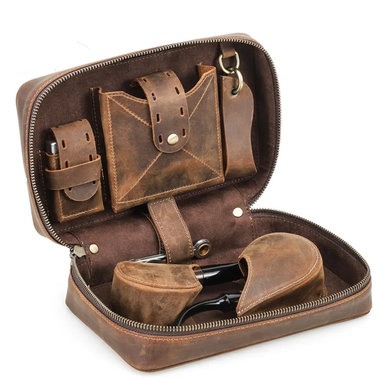 Vintage Crazy Horse Leather Tobacco Pouch Roll Bag Travel Case 2 Pack Storage Organizer view 5