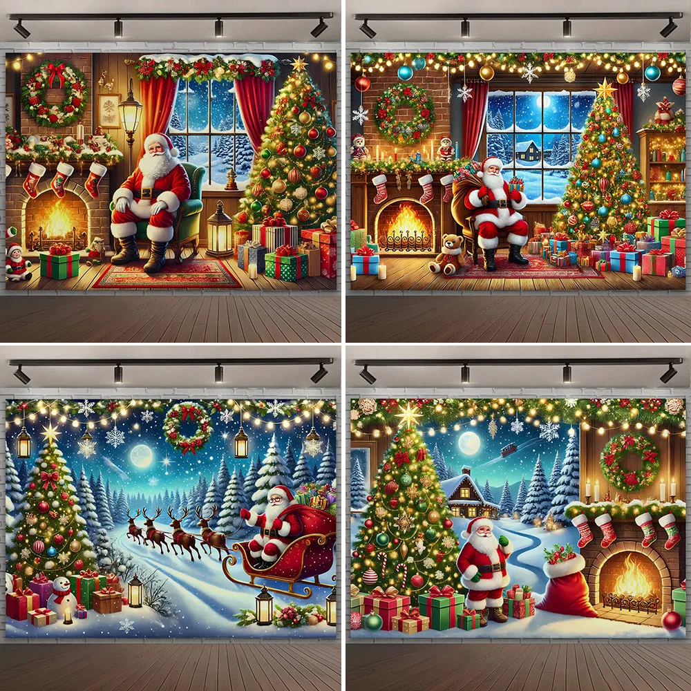 Christmas Decoration Party Backdrop Santa Claus Reinder Snow Cart Window Gift Photography Background Photo Studio Supplies 2024