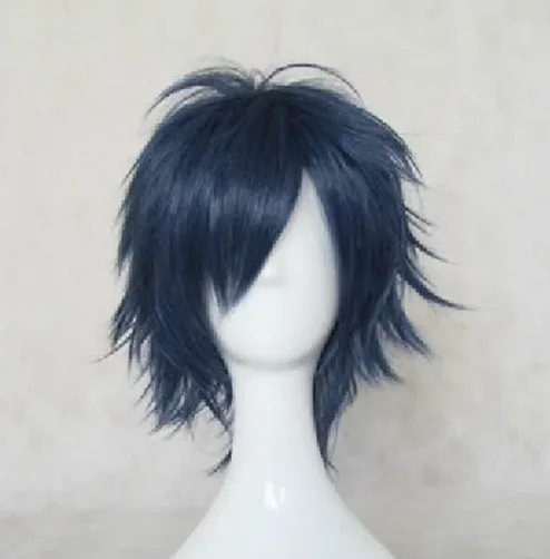 Men Blue Cosplay Wig Layered Short Straight Synthetic Hair Wigs for Young People