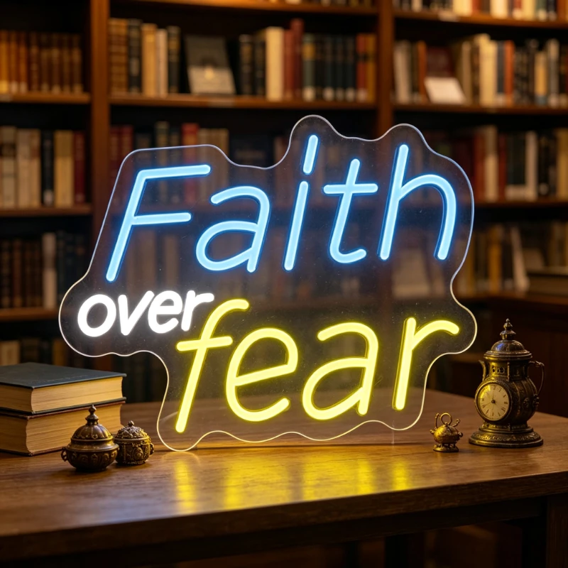 

Faith Over Fear Neon Sign LED Night Light 3D Acrylic Inspirational Religious USB Wall Lamp Christian Home Aesthetic Desk Gift