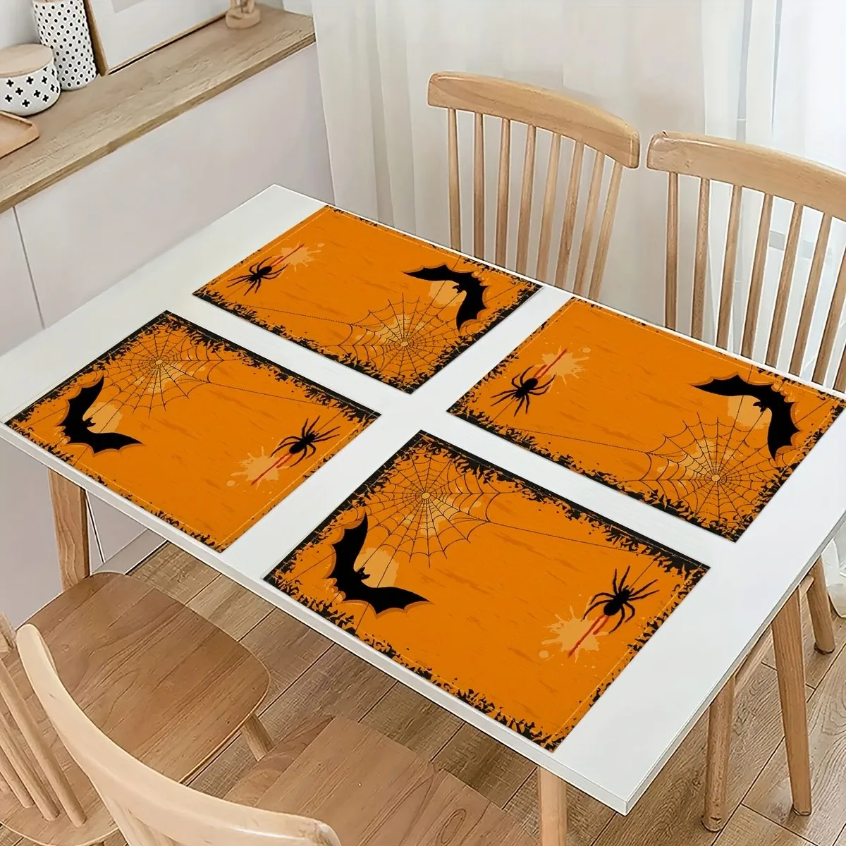 Halloween Placemats Bat Spider Web Linen Vintage Seasonal Fall Autumn Farmhouse Waterproof Washable Table Mats Gift