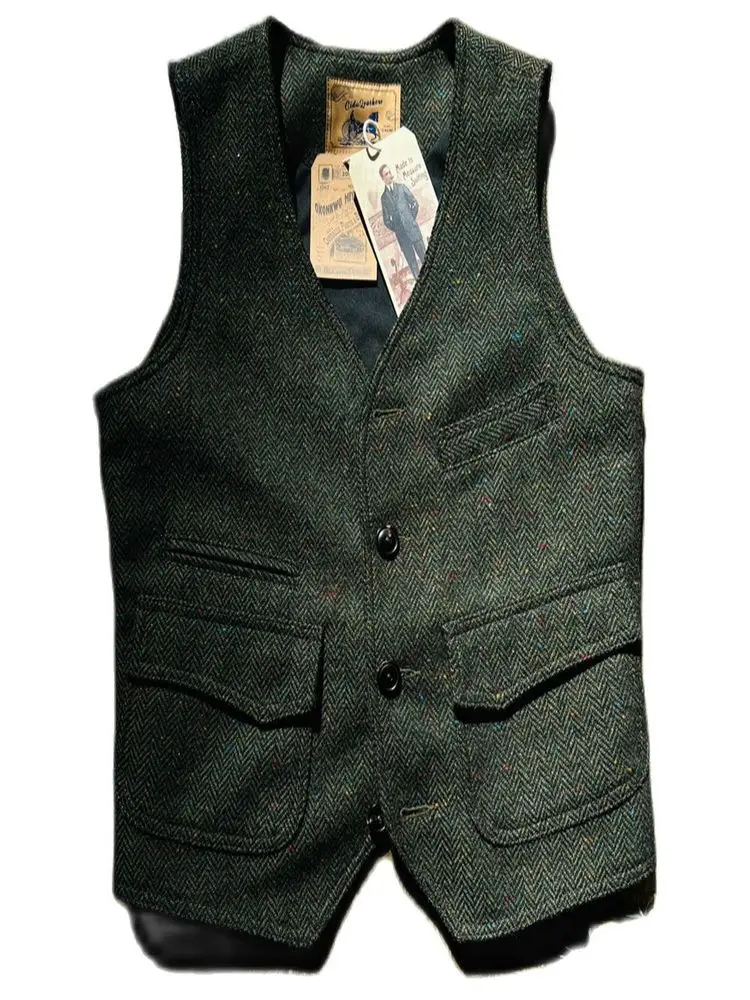 

Men's Tweed Wool Waistcoat V-neck Slim Fit Color Point Classic Gentlemen Style Vintage Vest