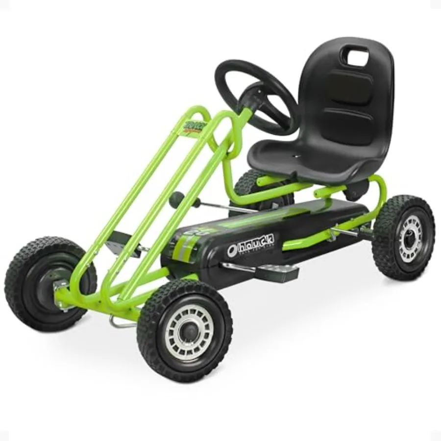 

Outdoor pedal go kart for ages 4-8, green plastic-wheeled ride-on bike cart for boys and girls