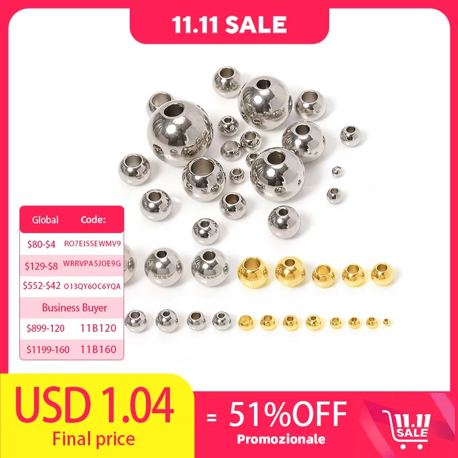 100pcs 3-10mm Stainless Steel Beads for Jewelry Making Loose Spacer Beads Ball Hole 1.2-5mm for Bracelets Jewelry Components DIY