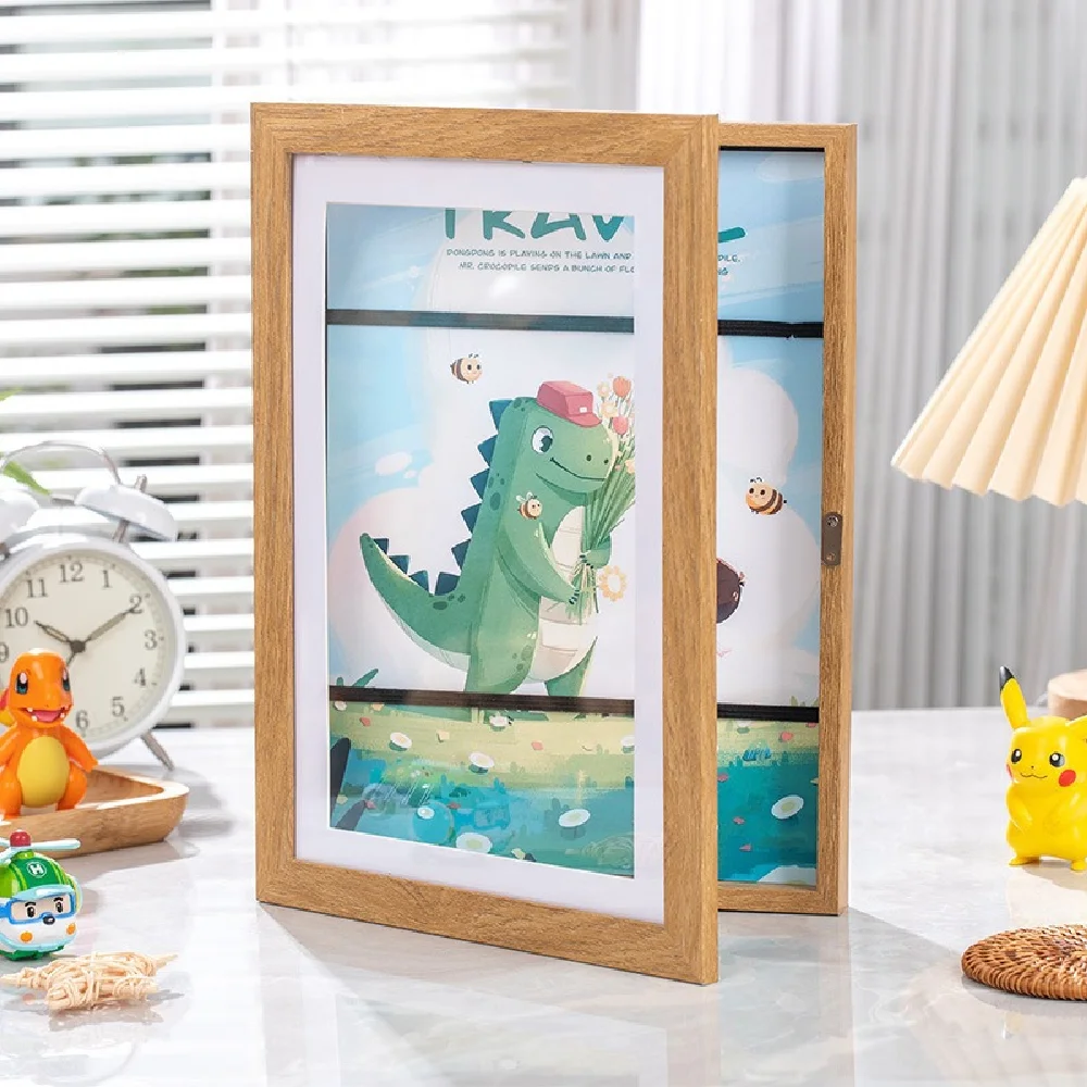 Kids Art Frame With Storage, Magnetic Front Open Changeable A4 Artwork Display Frame, Wooden Photo Frame For Children Drawing