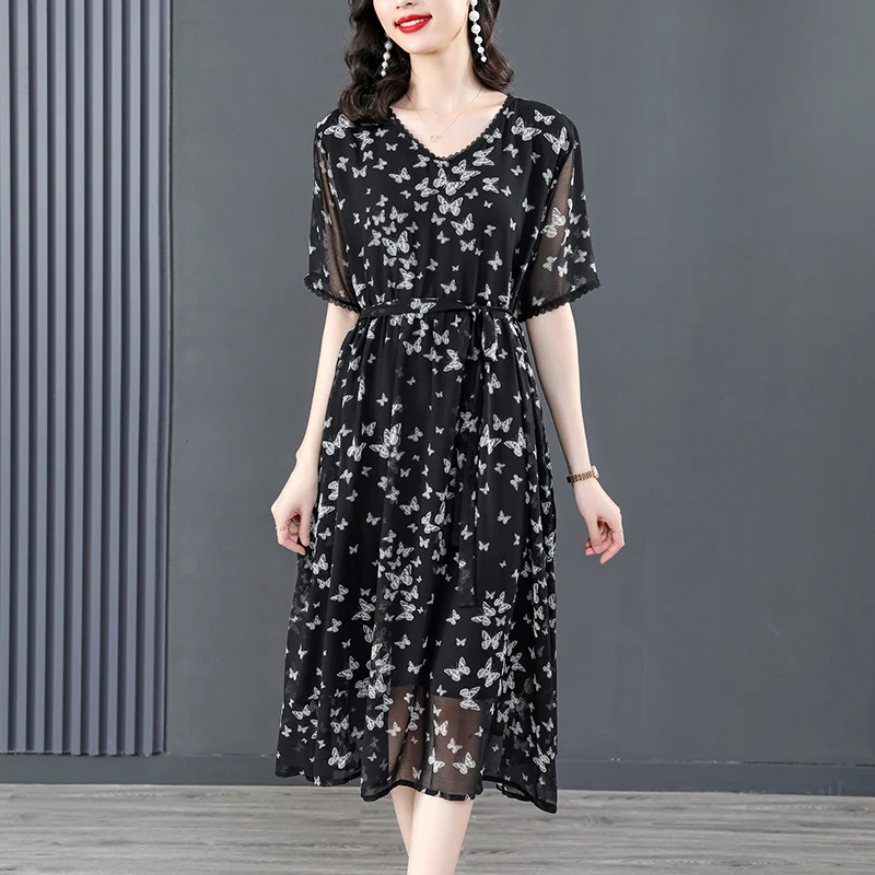 

Женское элегантное шелковое платье с V-образным вырезом и принтом, весеннее модное универсальное повседневное праздничное платье с запахом на талии, новинка 2023