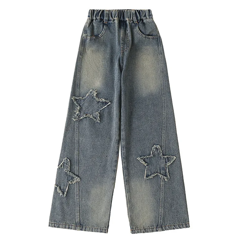 Spring Autumn Teenager Girls Wide Leg Jeans Children Trousers 2024 New Fashion Star Pattern Girls Denim Pants 5-14Y Kids Clothes