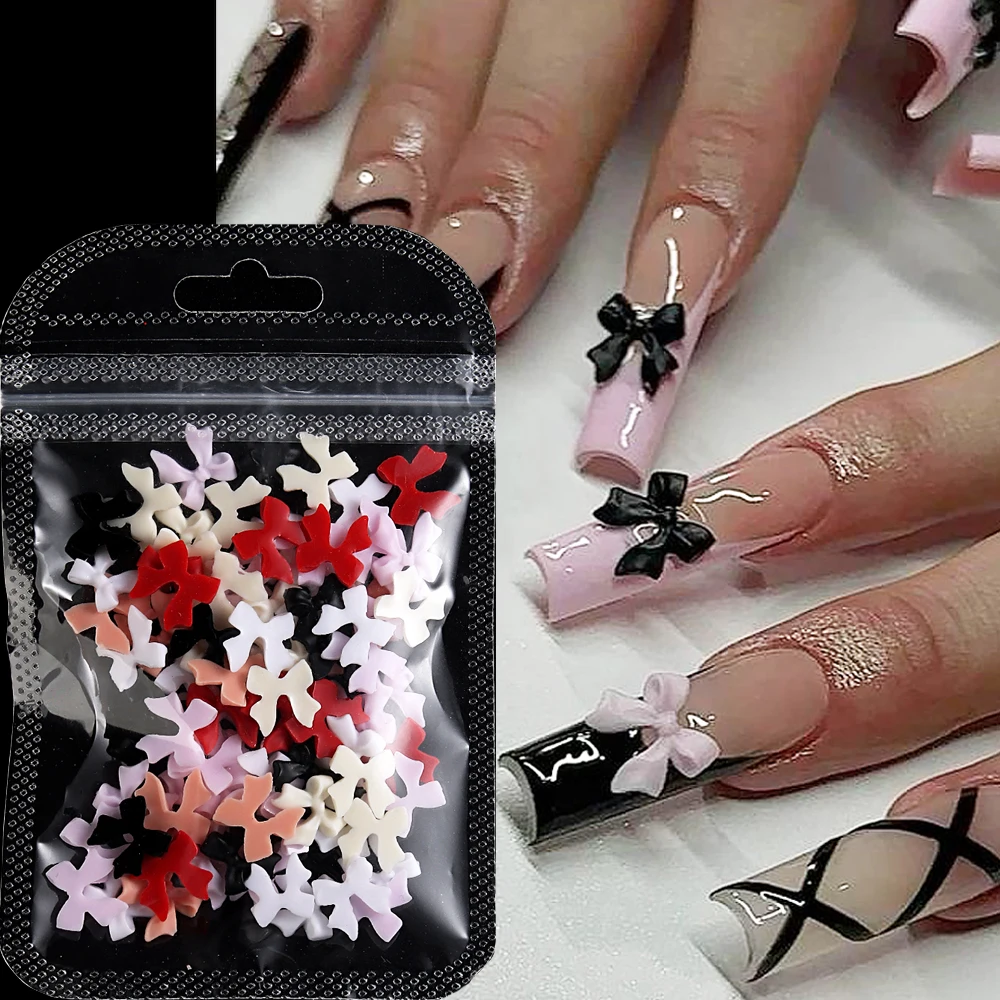50 Uds. De cintas para uñas, lazo rosa, negro y blanco, diamantes de imitación, piezas para uñas, lazo Kawaii, dijes para uñas, decoración de manicura 3D, GLXB-J