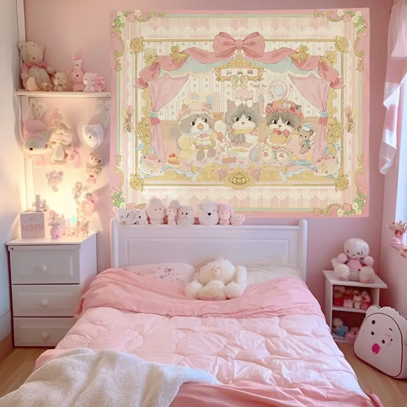 VIKAMA Pink Car Bear Hanging Cloth Sweet Bow Cartoon Cute Bear Tapestry Living Room Background Wall Room Decoration