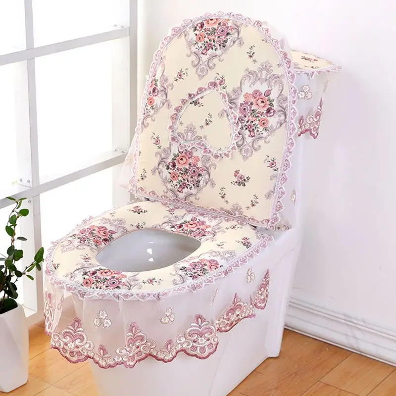 3 Pcs/Set Exquisite Lace Ruffles Toilet Seat Cover Zippered Double-sided Fully Wrapped Toilet Cover Four Season Toilet Mat