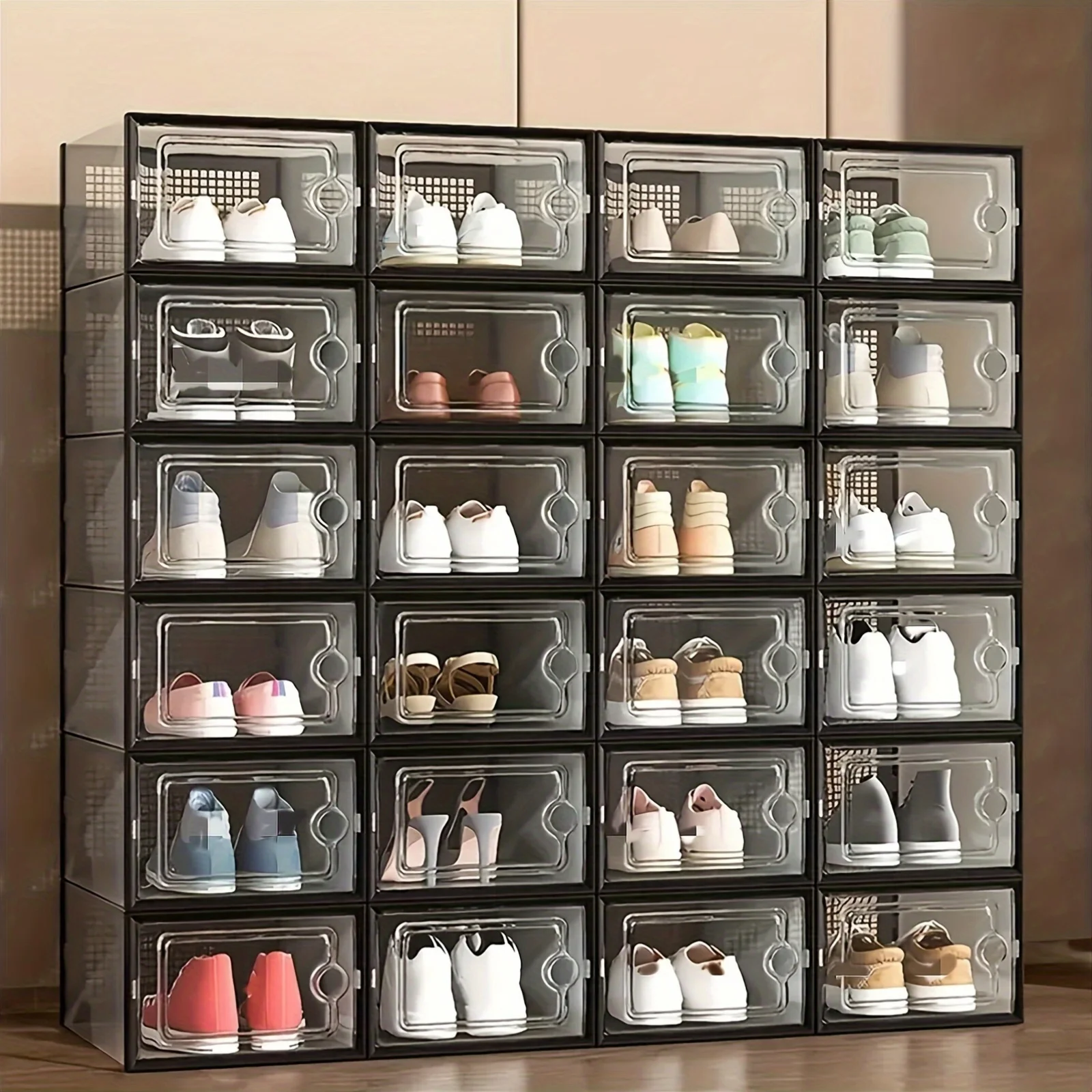 

12/24pcs of Sturdy Shoe Boxes with Lids, Collapsible And Stackable Shoe Storage, Space-Efficient Organizer - Arrangement