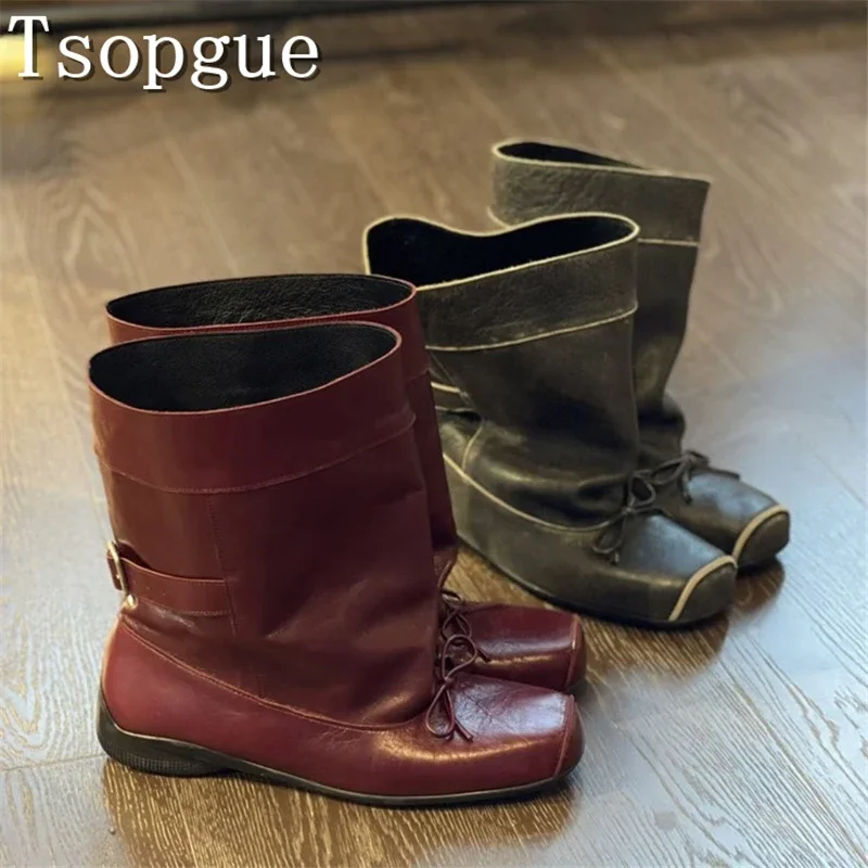 

Women New Square Toe Bow Knots Mid Calf Boots Brand Design Low Heels Slip On Loose Fitting Boots Fashion Runway Shoes