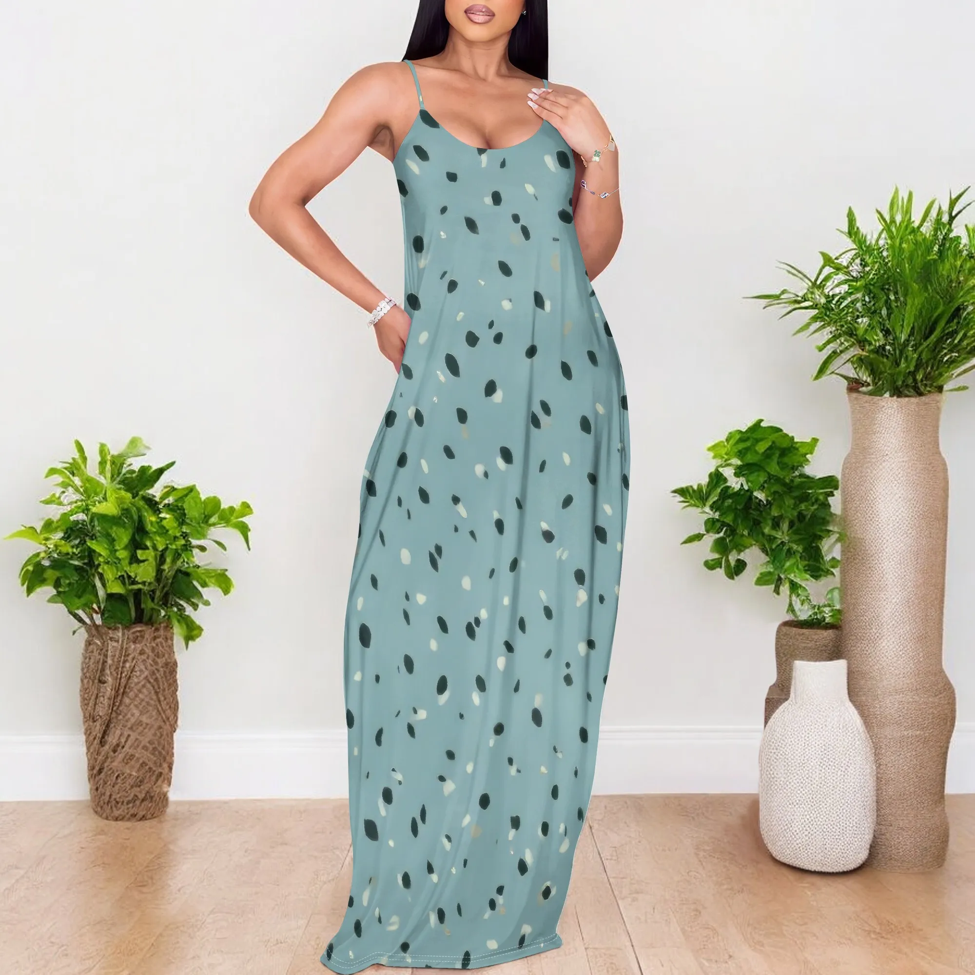 Womens Spaghetti Strap V Neck Loose Ankle Length Beach Swim Coverup Dress