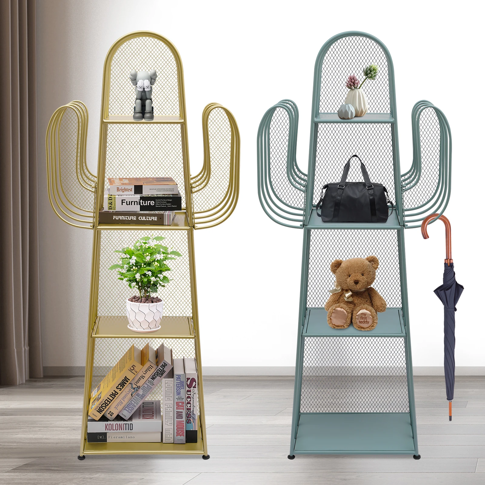 

4-Tier Bookshelf Freestanding Bookshelf Metal hollow ladder bookshelf - gold/green