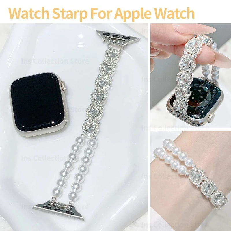 Rhinestone Heart Pearl Band for Apple Watch Series 12 11 10 9 8 Ultra4 49mm Double Layer Beaded Strap 40 41 44 45 46mm Wristband