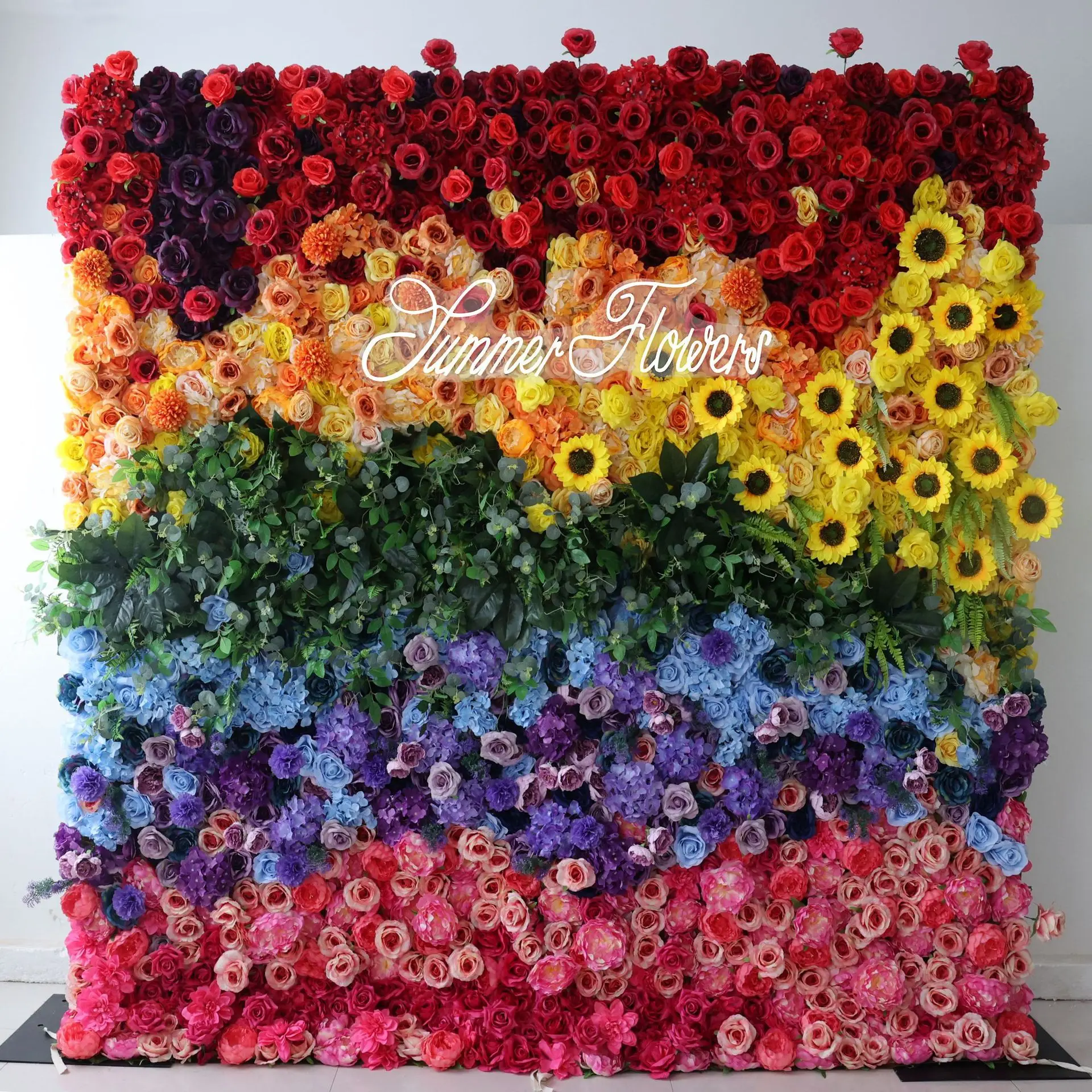 

3D Rainbow Series Luxury Colorful Rose Sunflower Green leaves artificial flower wall Outdoor wedding background decorative wall