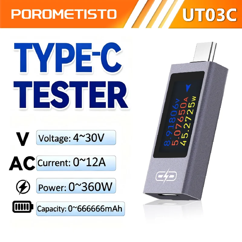 POROMETISTO UT03C Type-C Multi-function Digital DC Voltage Ammeter Power Meter DC 4-30V 0-12A Capacity Tester With Fast Charging
