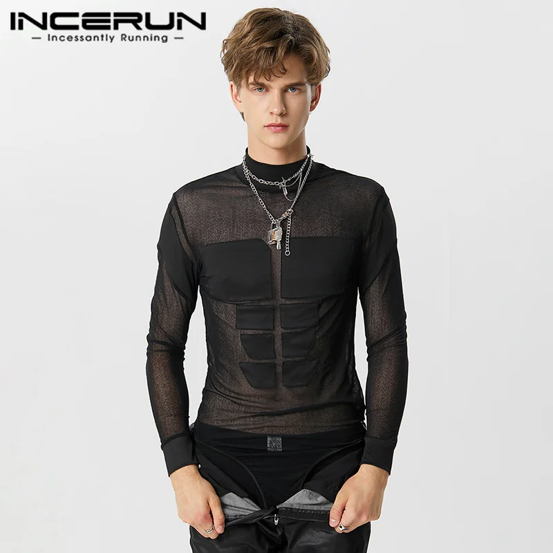 Sexy Style Mens Jumpsuits INCERUN Fashion Mesh Patchwork Patch Jumpsuits Casual Hot Selling Male Thin Long Sleeved Rompers S-5XL