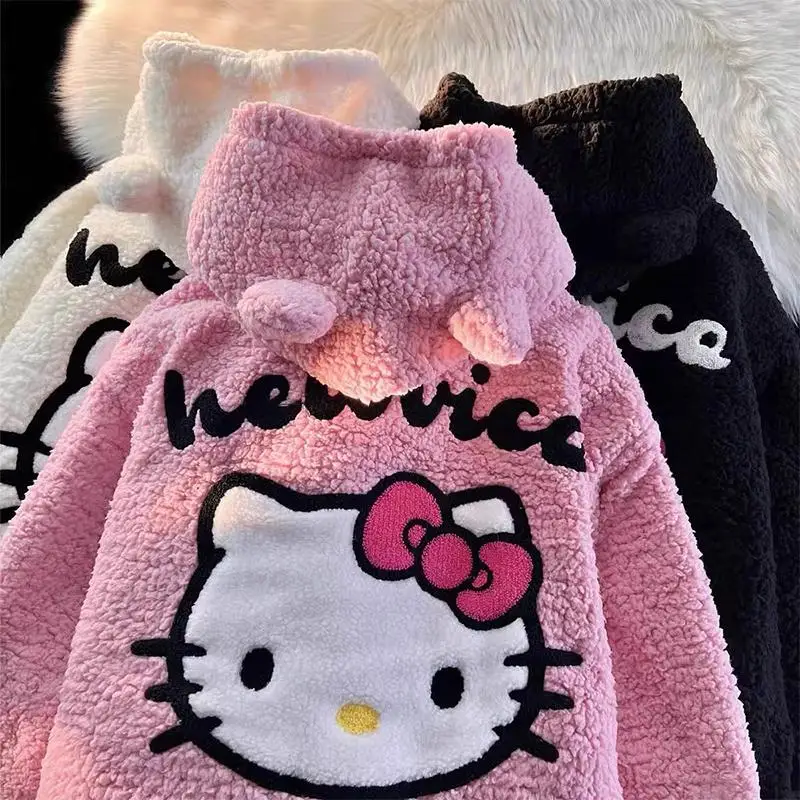 Hello Kitty Zip Hoodie Girl Loose Cardigan Coat Streetwear Women Clothes Oversized Sweatshirt Cardigan Plush Jacket Sweater