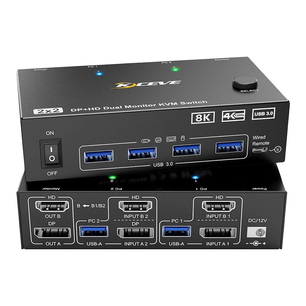 Commutateur KVM double moniteur 8K 8K @ 60Hz 4K @ 144Hz, commutateur KVM 2.1 Compatible HDMI pour 2 ordinateurs partagent 2 moniteurs et 1 USB3.0 + 1 USB