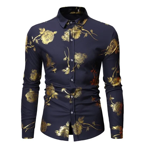 Mens Gold Rose Floral Print Shirts Brand Floral Steampunk Chemise White Long Sleeve Wedding Party Bronzing Camisa Masculina New