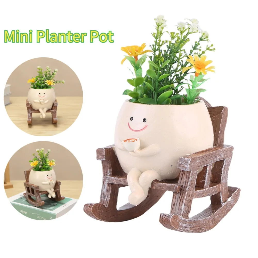 Creative Rocking Chair/Swing Face Planter Pot Flower Pot Cute Resin Head Planters Home Garden Supplies for Indoor Outdoor Plants