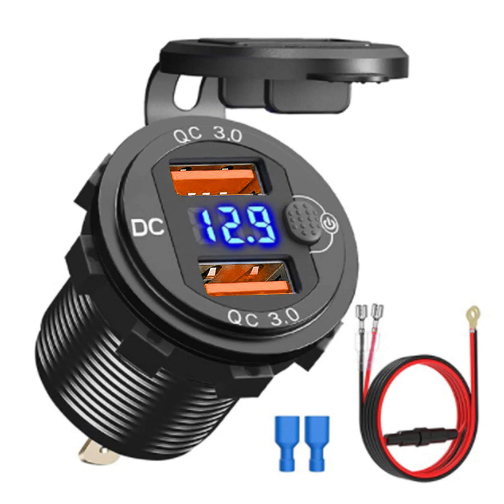 

QC3.0 Car Dual USB Port Charger Socket 12V/24V 36W Quick Charge with Voltmeter Switch for Marine Motorcycle Boat