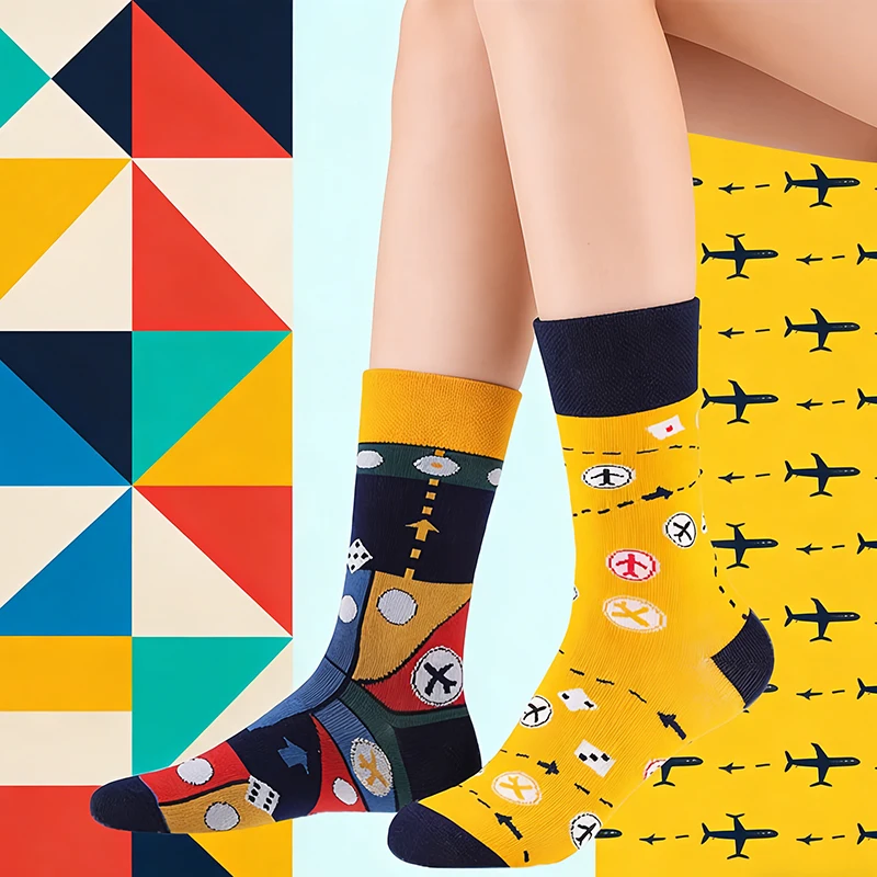 

1 пара женских игривых цветных носков средней длины, дышащие хлопковые носки с принтами в игровом стиле