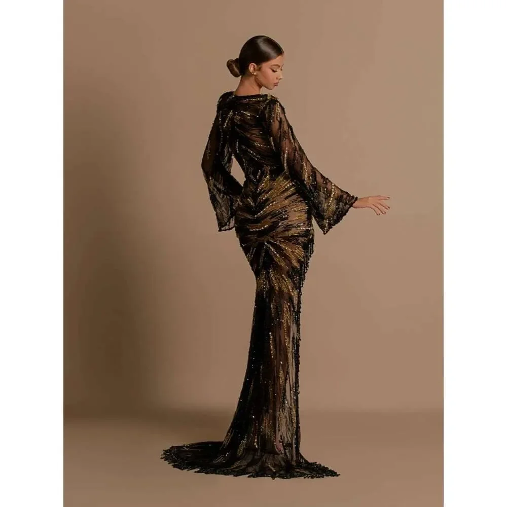 High Slit Pearls Evening Dress 2025 Celebrity Tassel Sequins Tail Personalized Bright Party Long Sleeves Ball Gown Customized