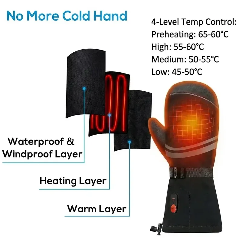 for Winter Ski Waterproof Rechargeable Heated Wrist Gloves Touch Screen Battery Powered Hand Warmer Five Fingers Back Heating - view 2