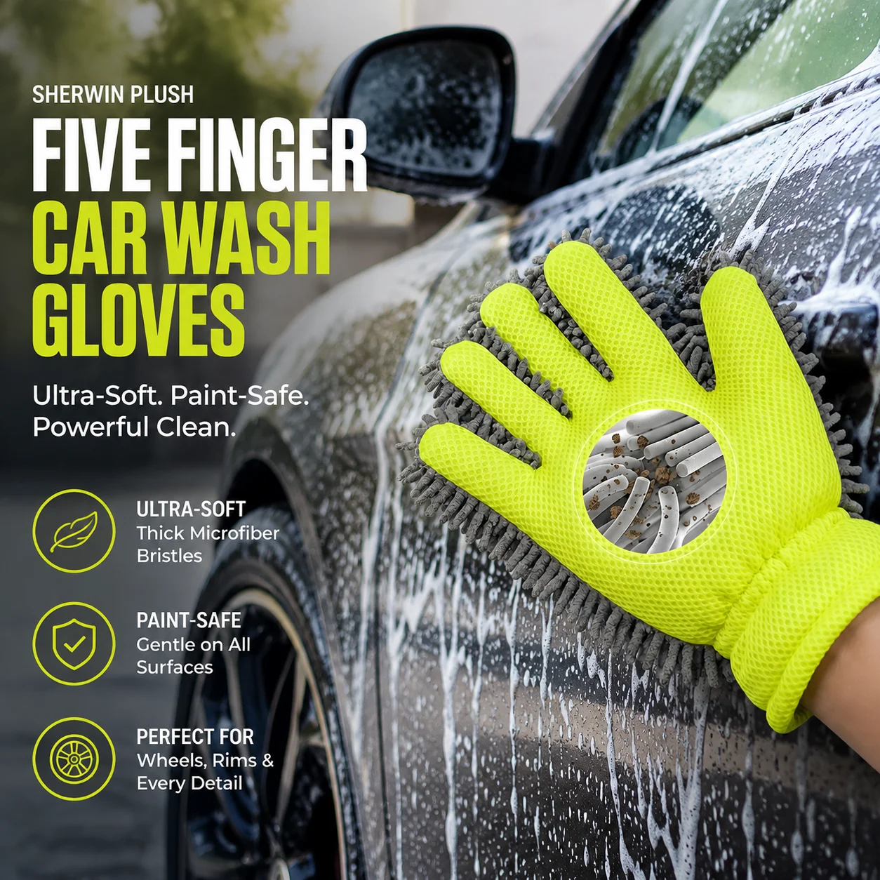 Guantes de Lavado de Autos Sherwin de Cinco Dedos, Cerdas de Microfibra Ultra Suaves y Gruesas, Esponja de Limpieza para Autos Segura para la Pintura, para Ruedas