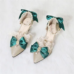 Elegant Girls Victoria Princess Green Satin Bowknot Lolita Shoes Painting Woman Lace Pointed Sandals High Heel Cos Lolita Shoes