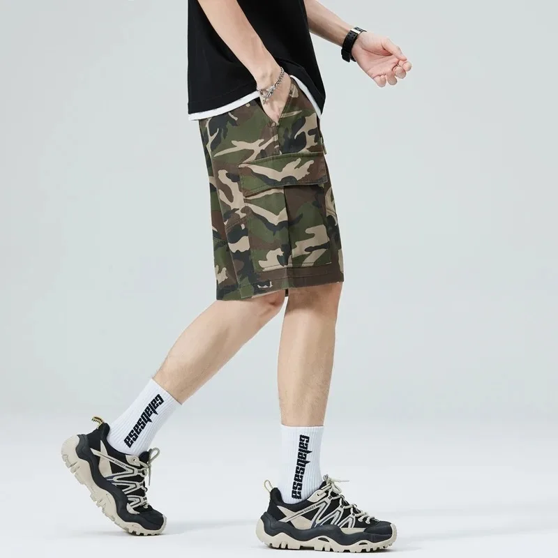 Men's Summer Pockets Geometric Camouflage Solid Elastic and High Waisted Sports Loose Casual Trousers Vintage Vacation Shorts