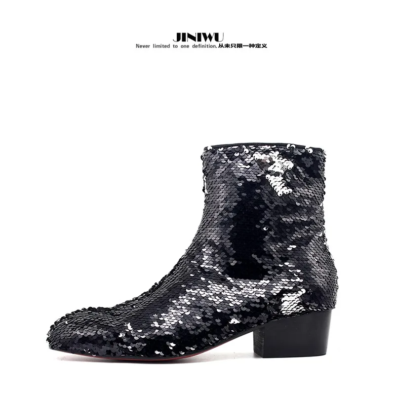 JINIWU 2026 AW Men Sequin High Heel Boots Patent Leather Reversible Transform Nightclub Leather Boots