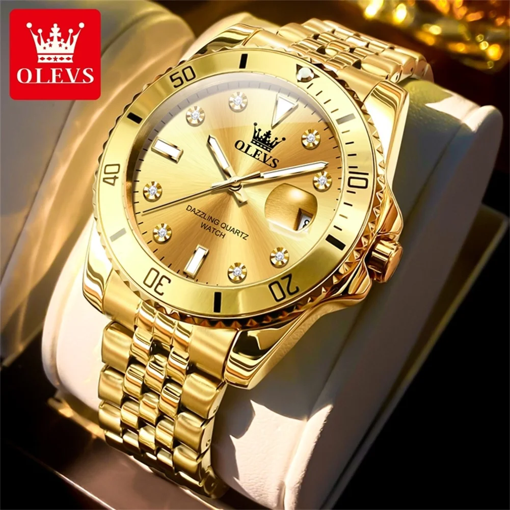 OLEVS Original Top Brand Watch for Men Waterproof Luminous Gold Stainless Steel Strap Man Wristwatch Luxury Classic Watches+Box