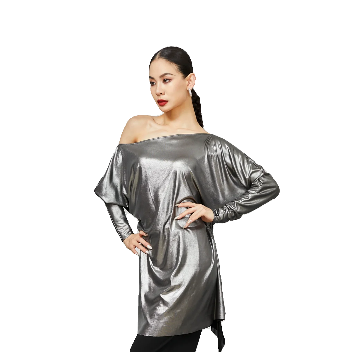 

Shiny Side Pleated Tops Sexy Latin Dance Performance Costumes For Women Chacha Rumba Tango Dress Latin Dance Clothing DQS15148