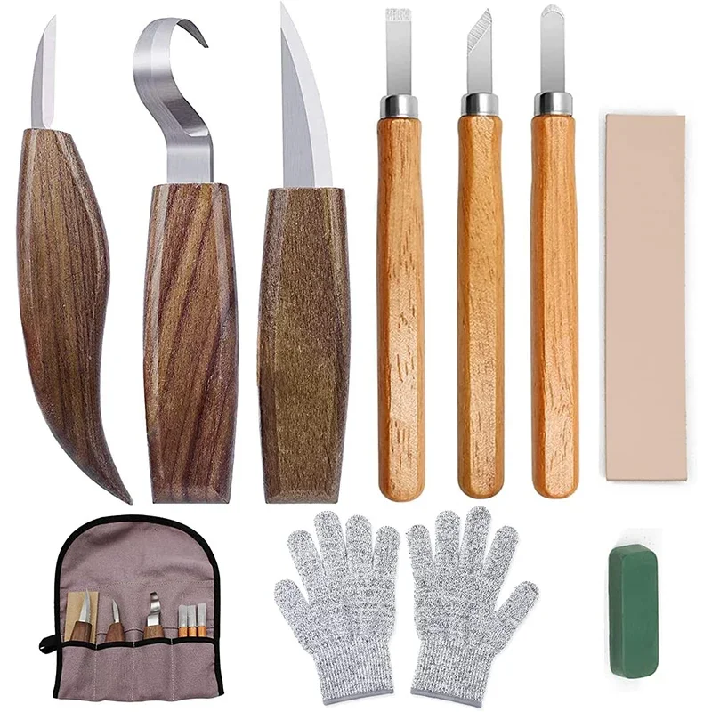 7 10PCS Wood Carving Kit Beginner Set With Resistant Gloves Spoon Whittling Knife Sandpaper For Woodworking Kids Beginners DIY