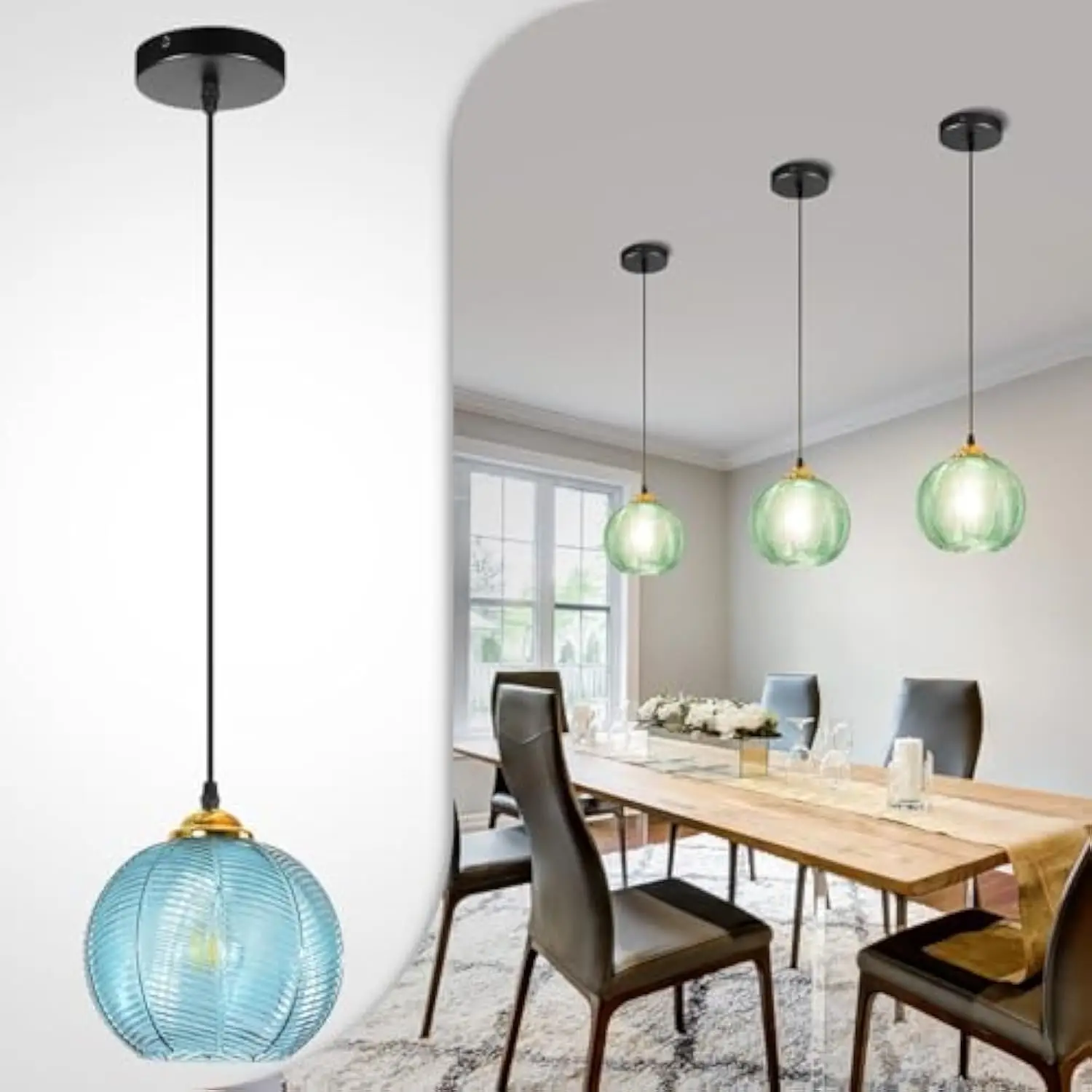 

Glass Pendant Light, Vintage Globe Hanging Chandelier, Adjustable Cord, Blue (Blue 1-Light)