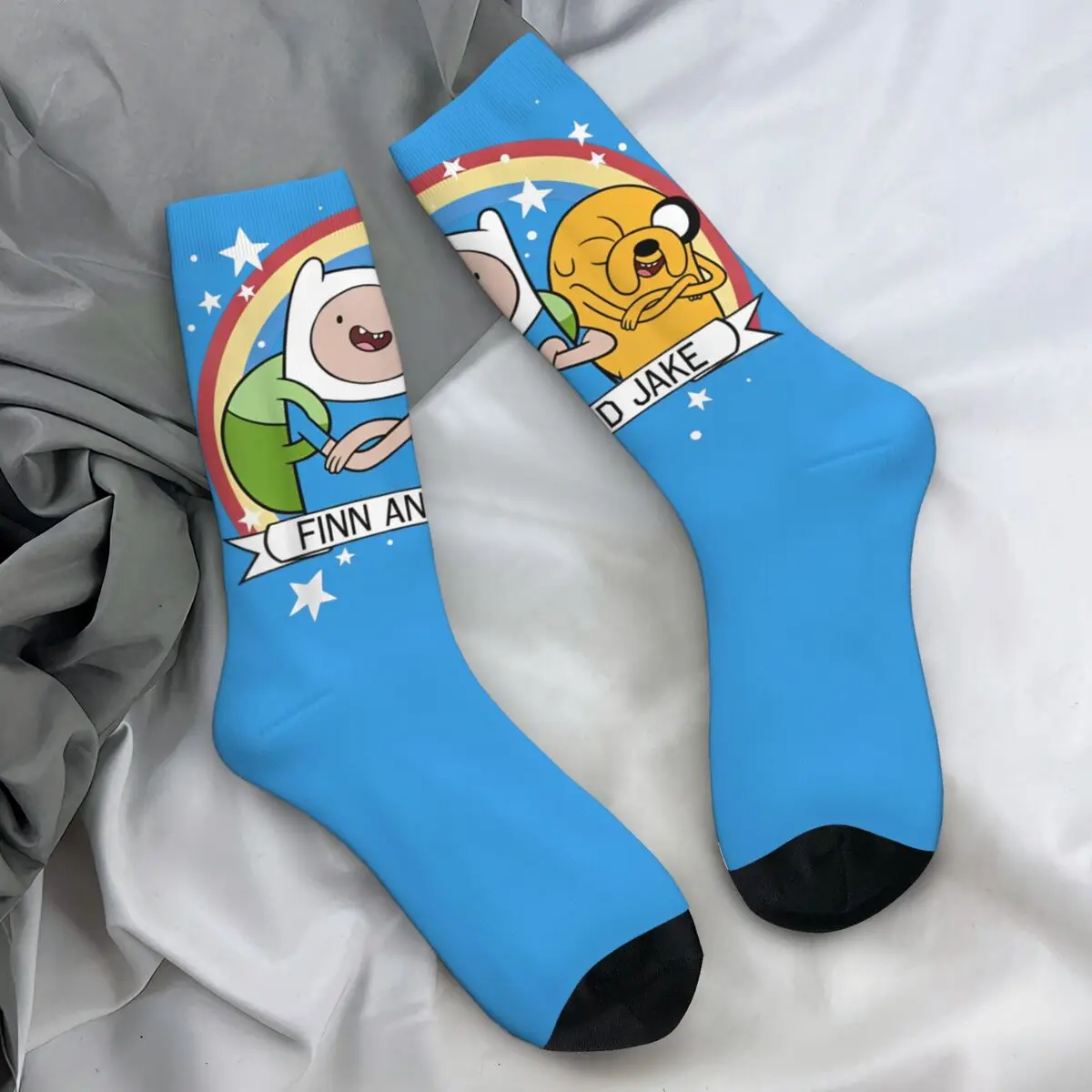 Adventure Time Stockings Men's Finn And Jake Rainbow Stars Portrait Socks Socks Autumn Running Sports Anti Skid Socks Gift Idea