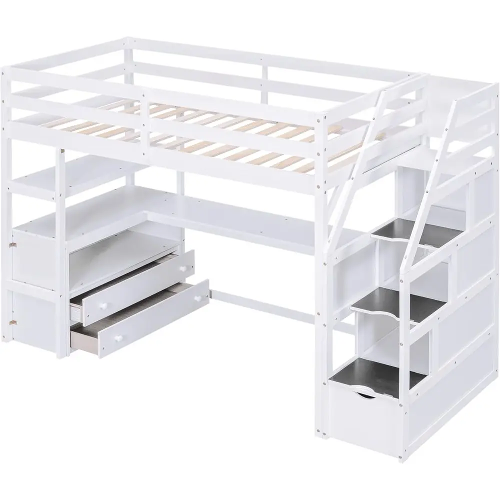 

Twin Size Loft Bed with Desk, Shelves, and Staircase - White for Boys and Girls