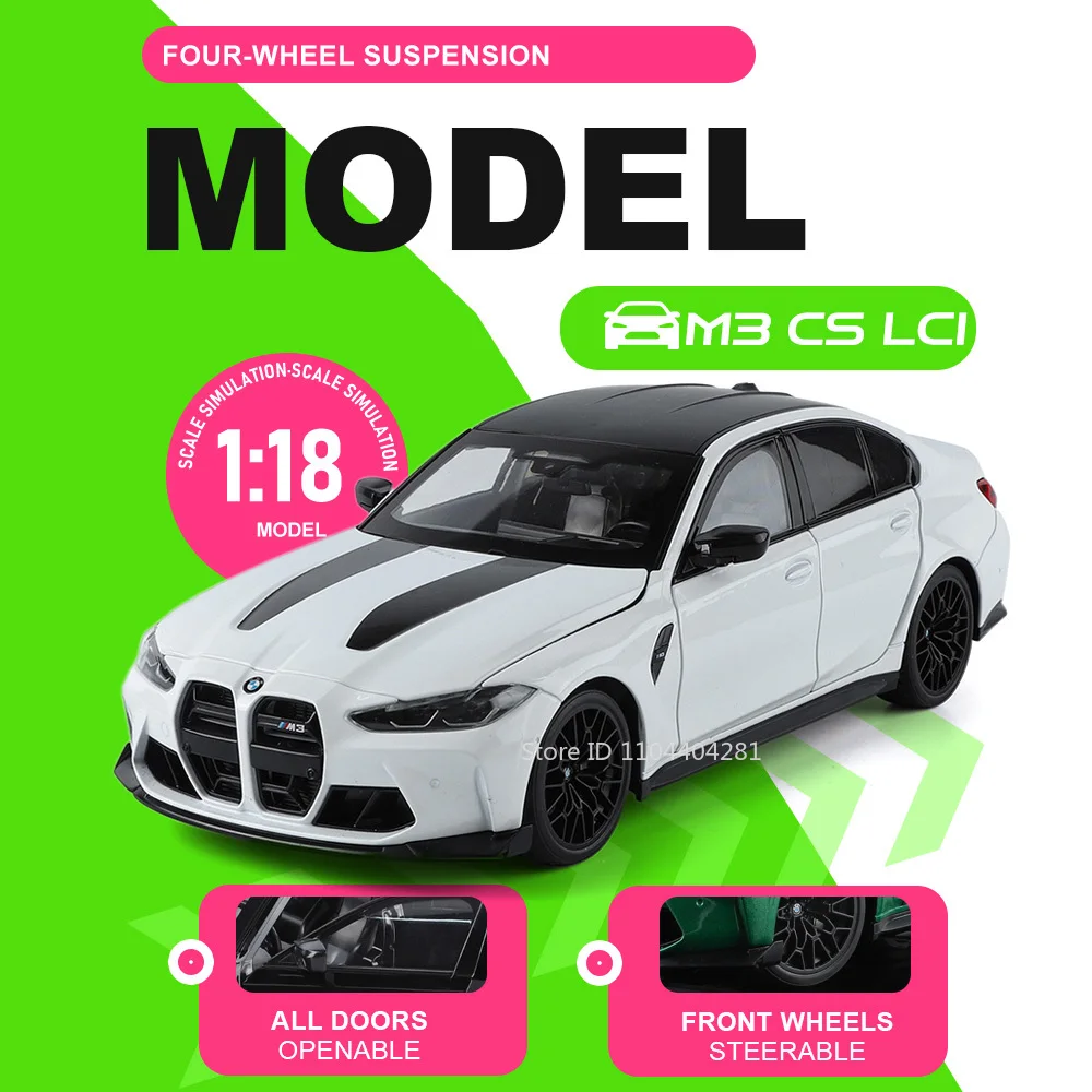 

1:18 M3 CS LCI 530Li Model Toys Diecast Alloy Cars Doors Opened Four Wheel Suspension Adjustable Seat Fashionable Birthday Gifts