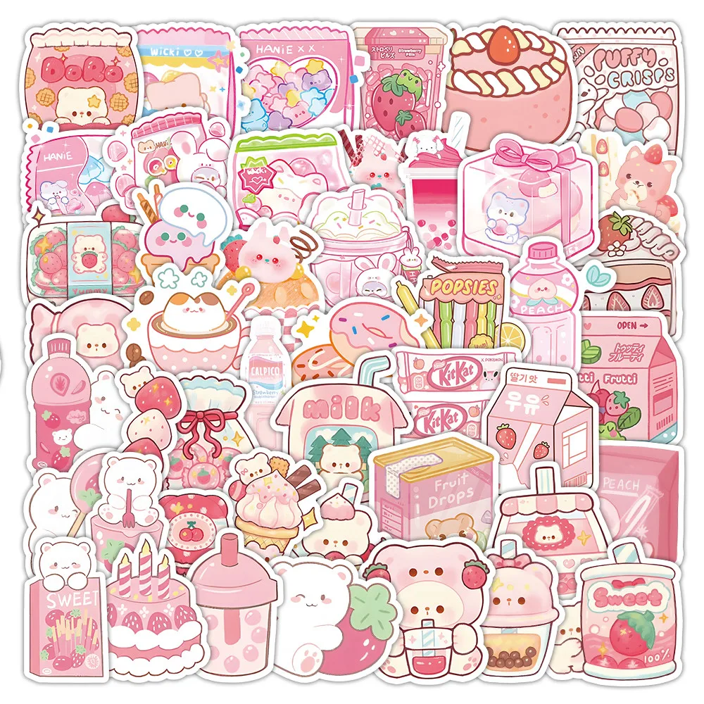 

63 Pcs Cartoon Pink Snack Stickers - Cute Food-Themed Decals for Notebook, Luggage & DIY Decoration RecordingYourLife Store