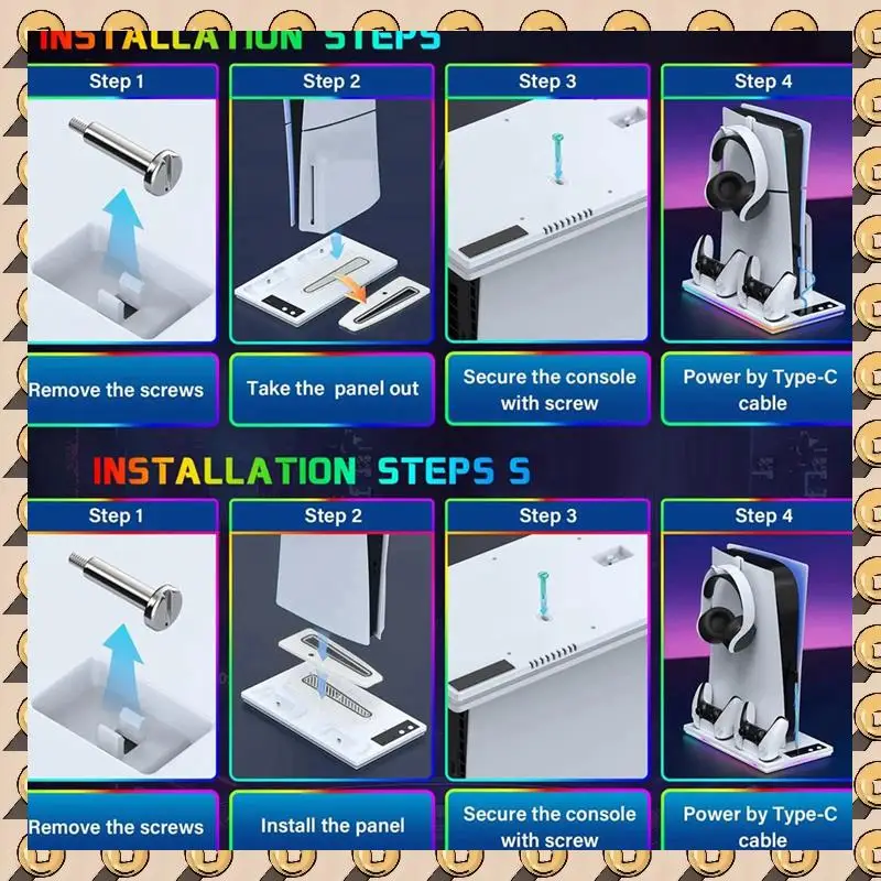 

A003 Heat Dissipation Bracket Base With RGB Lighting For PS5 Double Handle Handle Charging Block For PS5/SLIM/Pro Host B