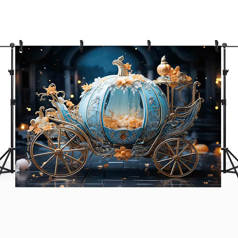 Mocsicka Blue Pumpkin Carriage Backdrop for Photography Fairy Princess Girl Portrait Photo Background for Studio Photocall Props