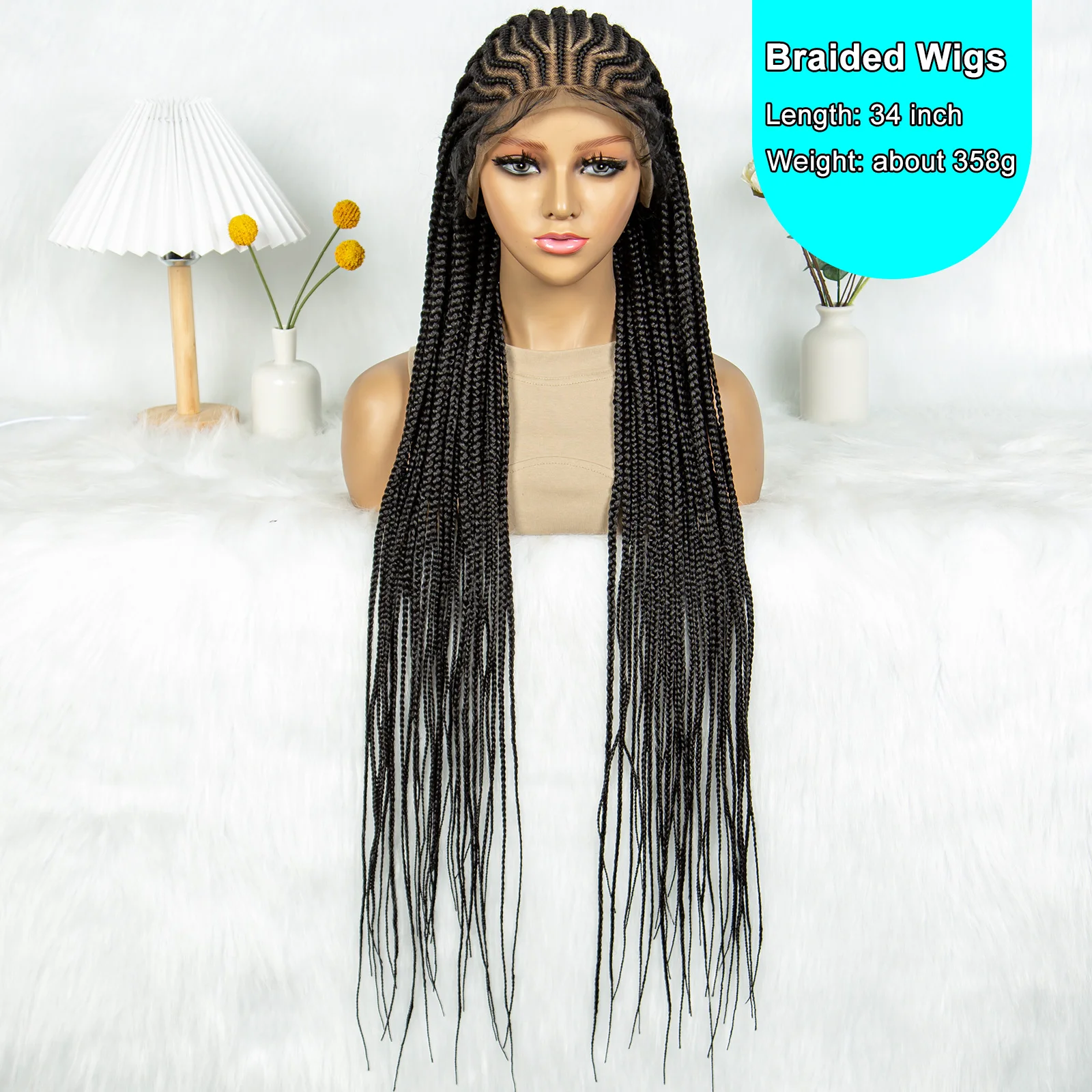 KIMA 34 inch Tribal Cornrow Braided Wigs Synthetic Transparent Full Lace Wig Box Braids With Baby Hair for Black Women