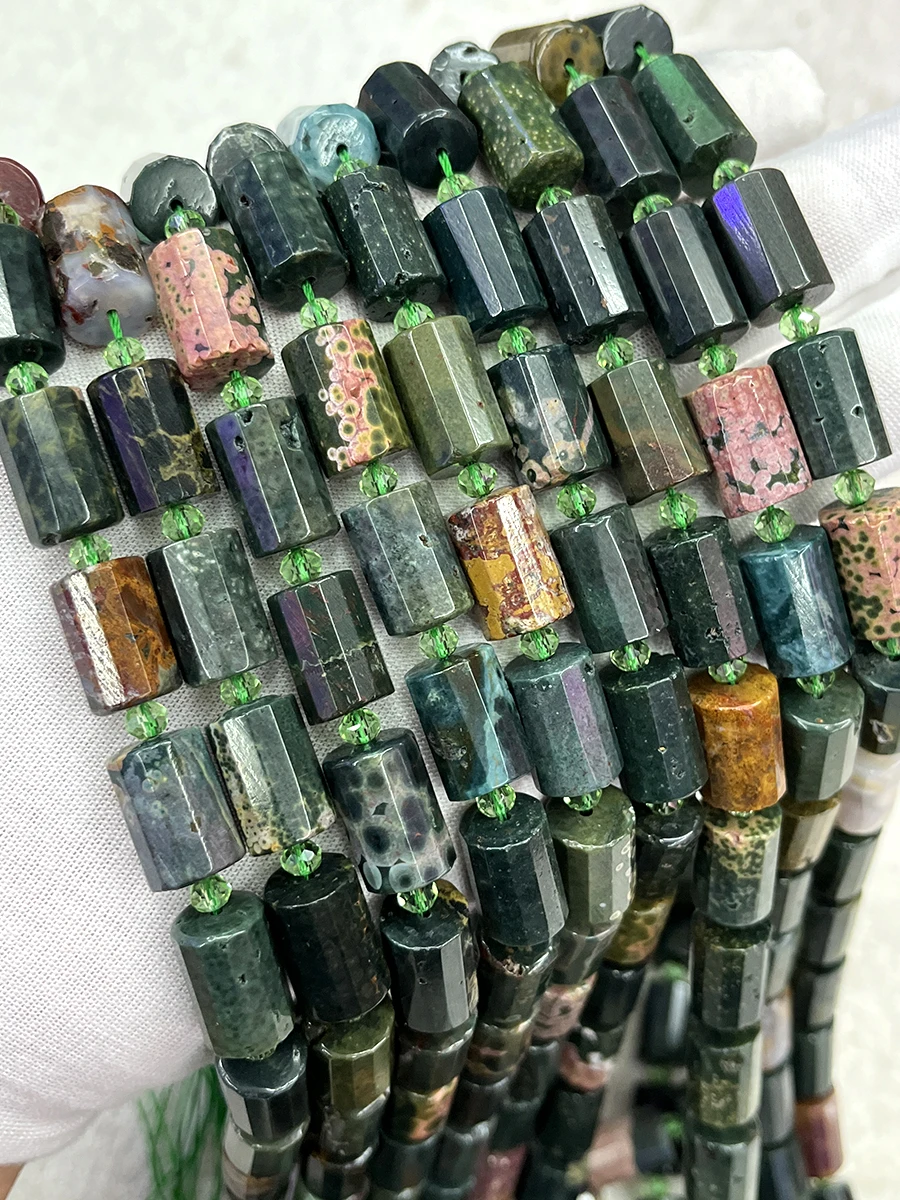 Natural Marine Agate Cylindrical Ocean Stone Section Beads Faceted Loose Spacer For Jewelry Making DIY Necklace Bracelet 15''