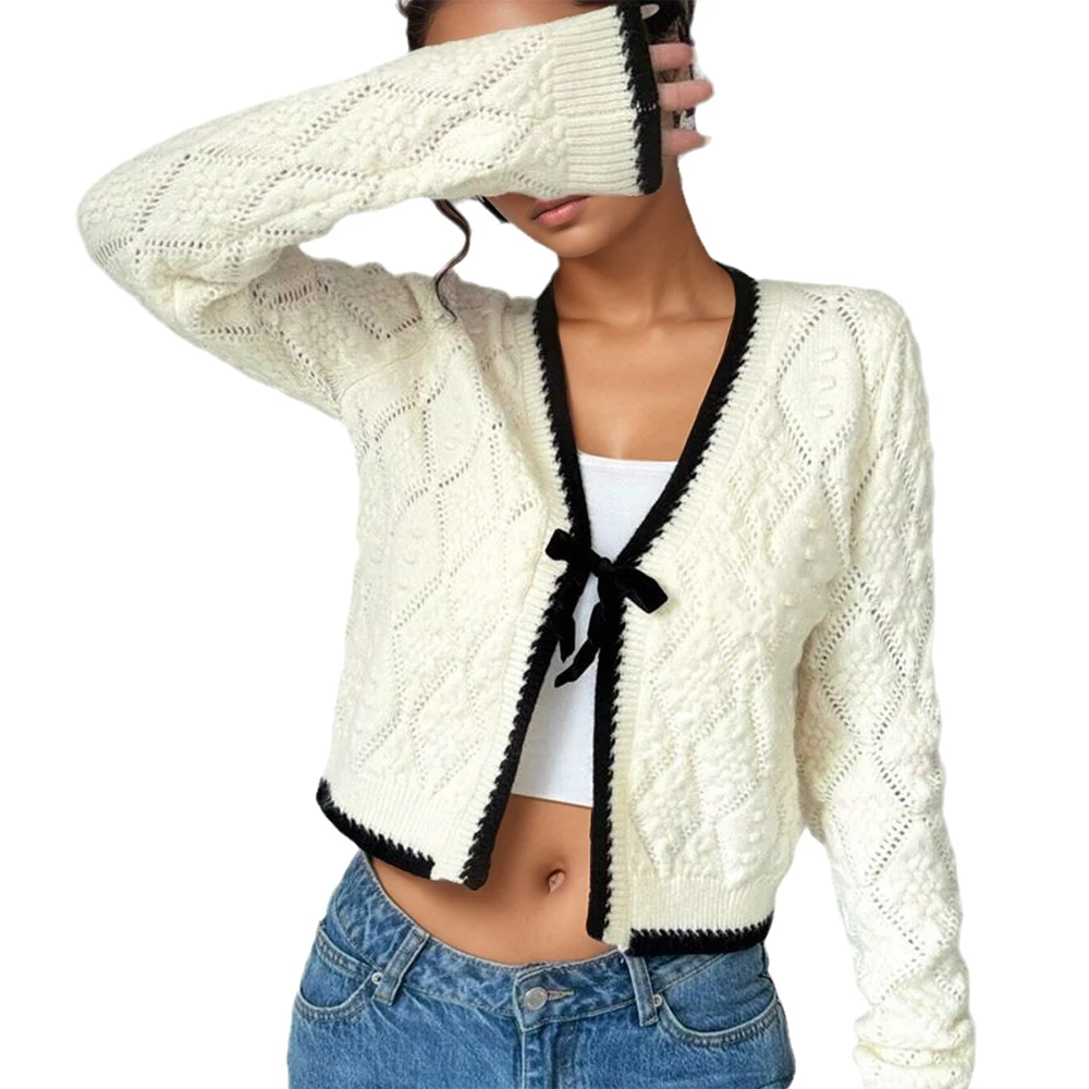 

2025 autumn and winter new design women's casual long sleeved knitted cardigan with diamond pattern and contrasting color border