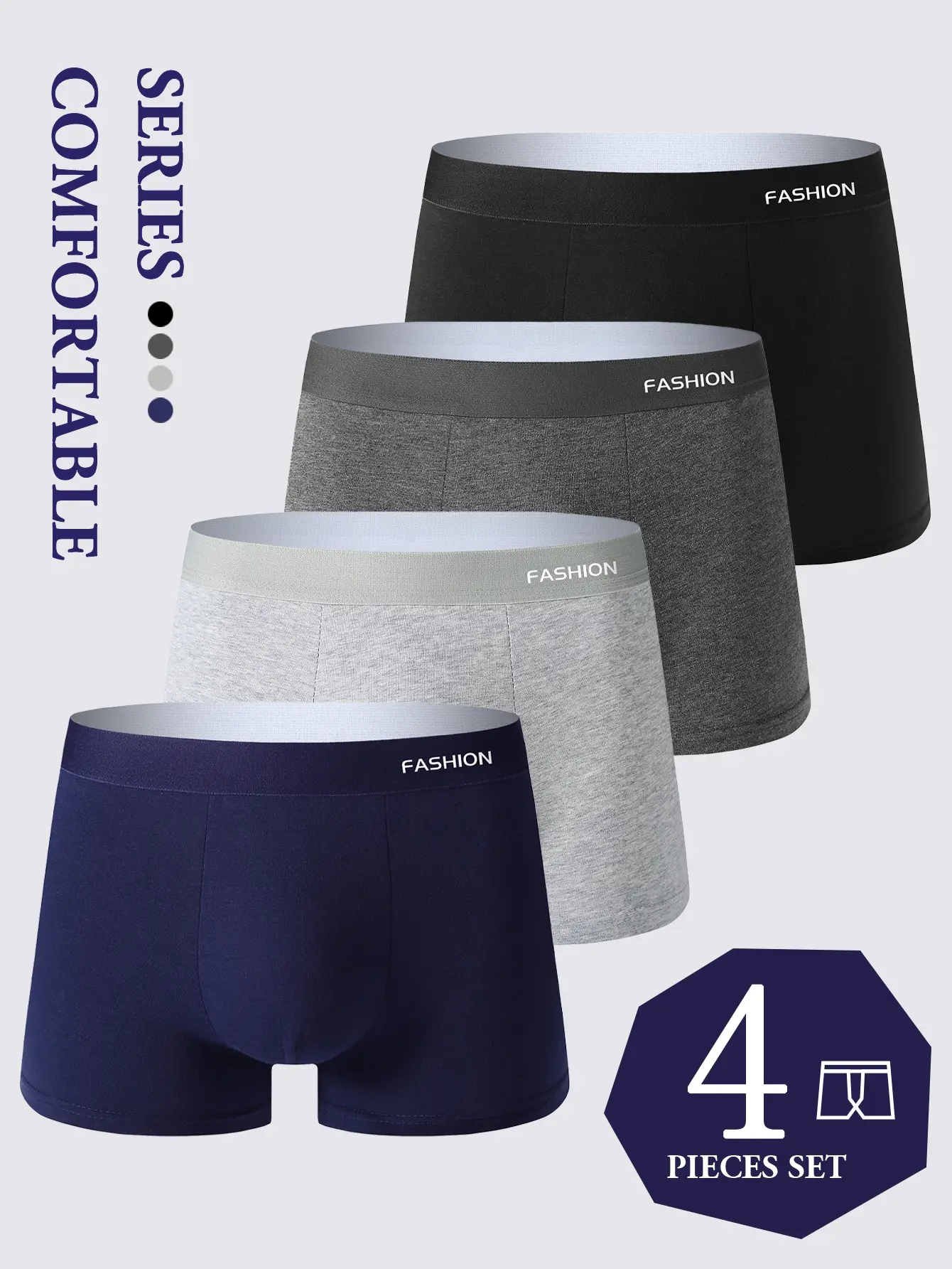 Pacote com 4 roupas íntimas masculinas, cuecas boxer masculinas macias, respiráveis, confortáveis e soltas, modernas, elegantes e altamente elásticas
